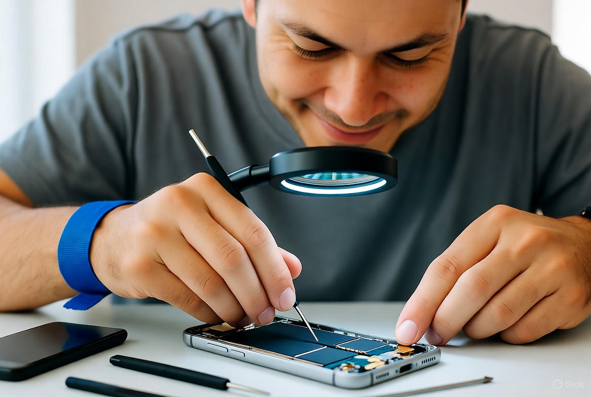 Techniker repariert Smartphone bei Mr. Smart Phone Repair im Farmsen Center